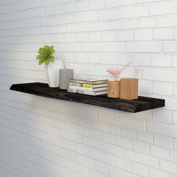 Interbuild Solid 3.9 ft. L x 10 in. D x 1.5 in. T, Acacia Butcher Block Floating Wall Shelf, Espresso with Live Edge