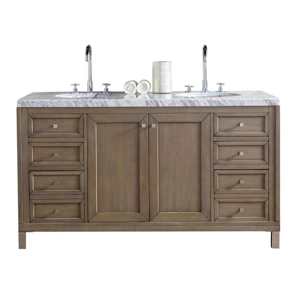 James Martin Vanities Chicago 60 in. W Double Bath Vanity in Whitewashed Walnut with Marble Vanity Top in Carrara White with White Basin