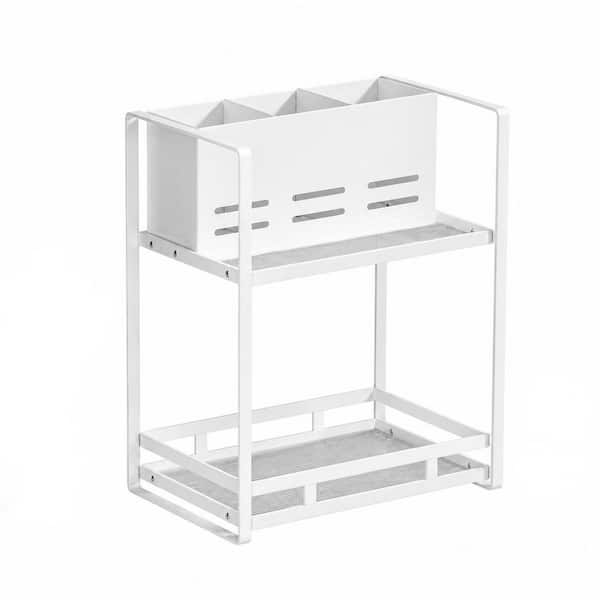 Marble White 11.42 in. Countertop 2-Tier Hair Tool Organizer with Blow Dryer Holder in White Metal for Bathroom Vanity