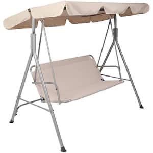 Porch 73 in. 2-Person Beige Metal Patio Swing Chair with Stand and Waterproof Canopy