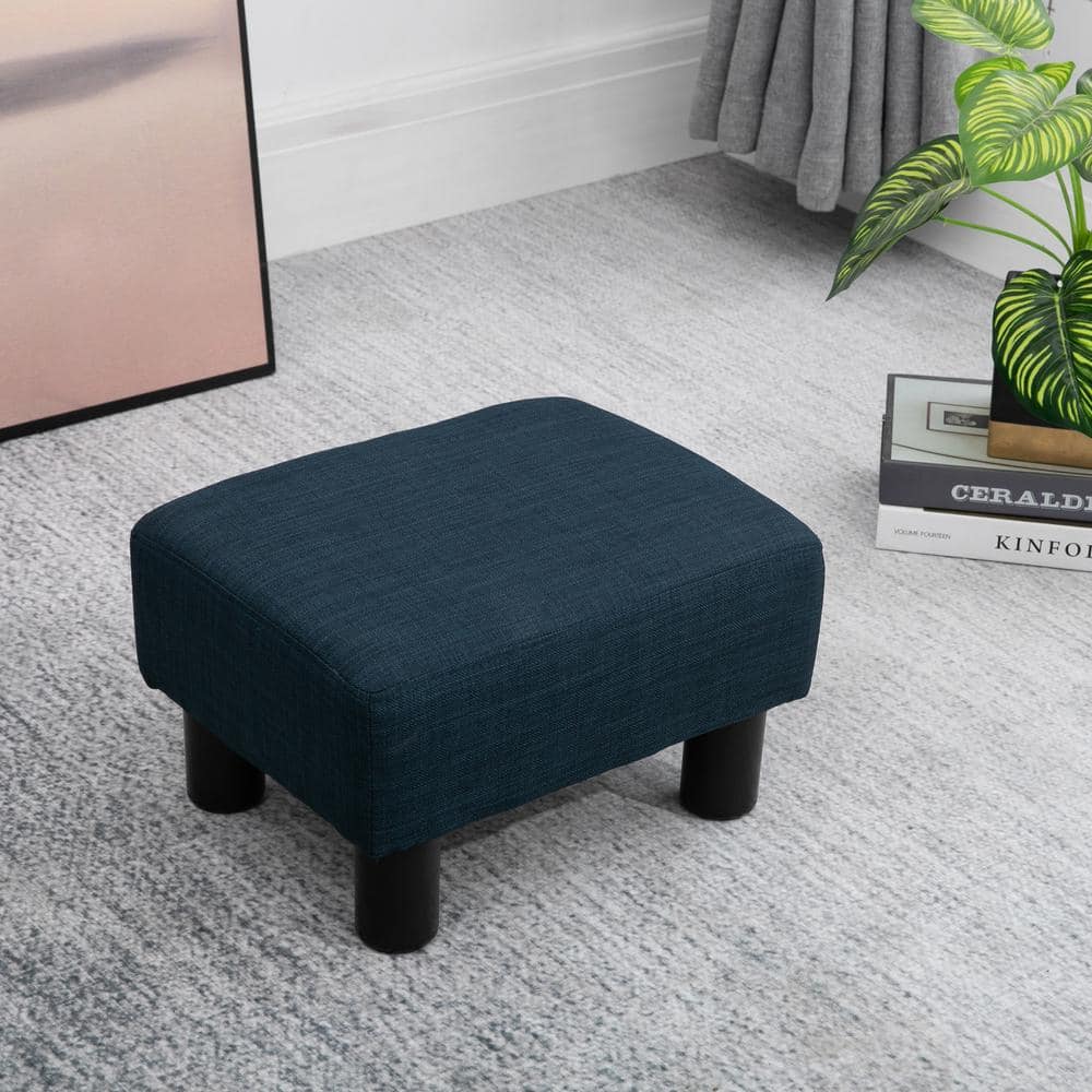 Small Blue Linen Fabric Pouf Footrest Ottoman