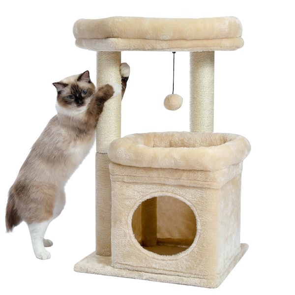 Foobrues Cat Tree Tower for Indoor Cats with Private Cozy Condo, Natural  Sisal Scratching Posts and Plush Pom-pom Small LNN-AMT0179BG - The Home  Depot