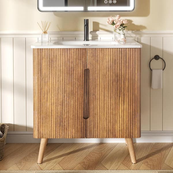 30 in. W Single Sink Freestanding Bath Vanity in Walnut with White Ceramic Top, 4-Soild Wood Legs