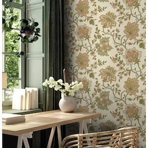 Jacobean Floral Orange and Sage Green Non-Pasted  Wallpaper (Covers 56 sq. ft.)