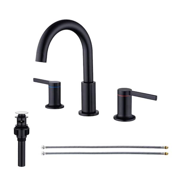RAINLEX 8 in. Widespread Double Handle Bathroom Faucet with Drain Assembly in Matte Black