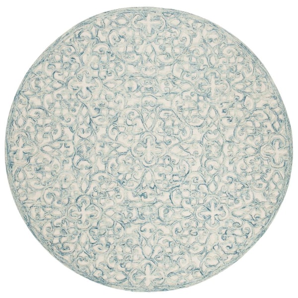 Trace Blue/Ivory 8 ft. x 8 ft. Distressed Floral Round Area Rug