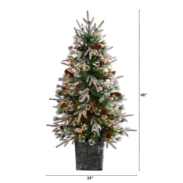 Nearly Natural 4 ft. Winter Flocked Artificial Christmas Tree Pre-Lit with  50 LED Lights and Ornaments in Decorative Planter T3036 - The Home Depot