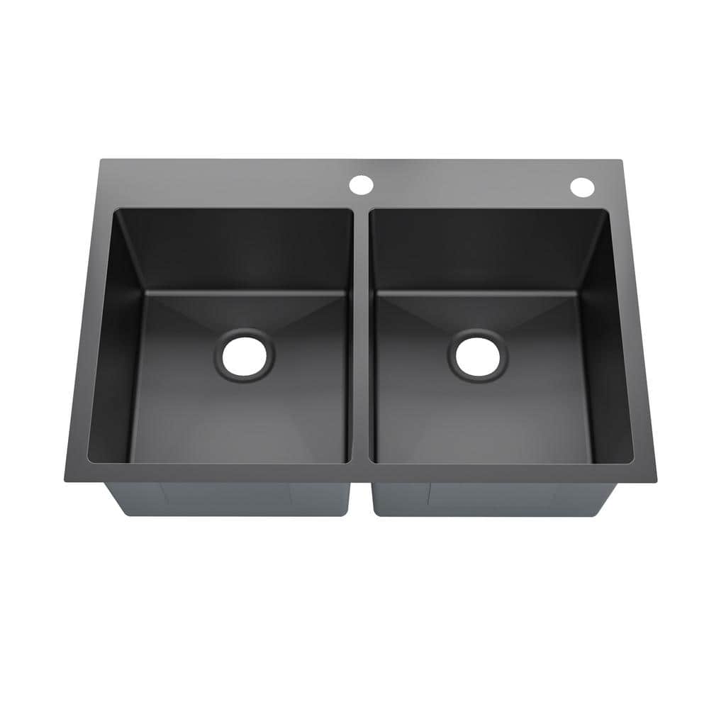 Sinber 33" Black Stainless Steel Double Bowl Kitchen Sink with Drainboard