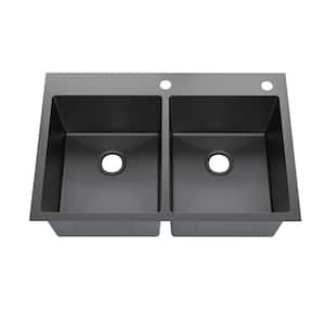 33 in. Drop-In Double Bowl 18-Gauge Black 304 Stainless Steel Workstation Kitchen Sink