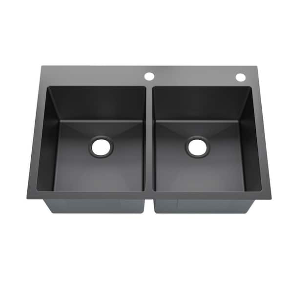 Sinber 33 in. Drop-In Double Bowl 18-Gauge Black 304 Stainless Steel Workstation Kitchen Sink