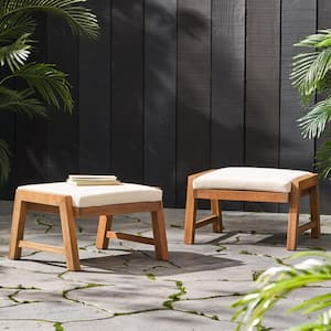 Sasha Brown Wood Patio Outdoor Ottoman with Beige Cushion (Set of 2)