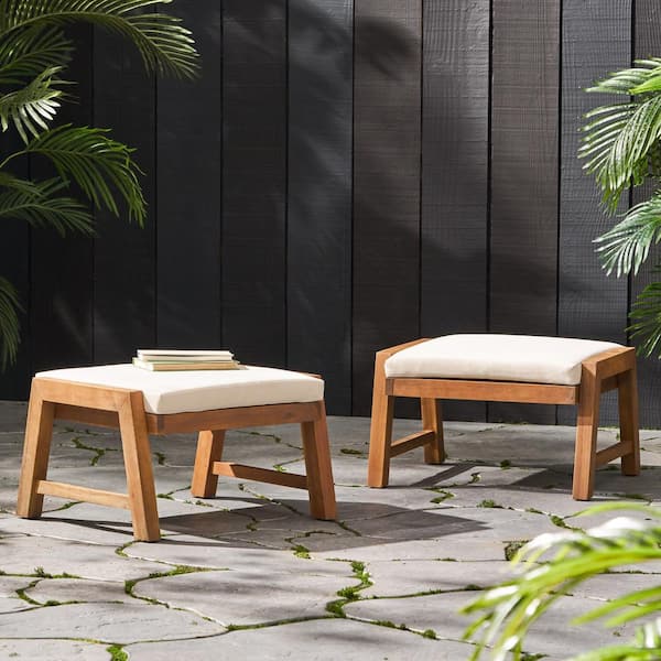 CHRISTOPHER KNIGHT HOME Sasha Brown Wood Patio Outdoor Ottoman with Beige Cushion (Set of 2)