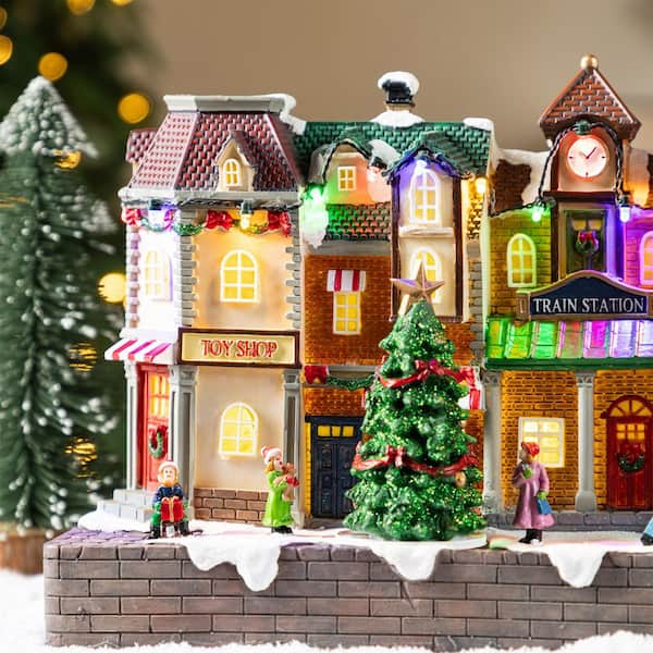 Glitzhome 9.00 in. Lighted Train Station Resin Christmas