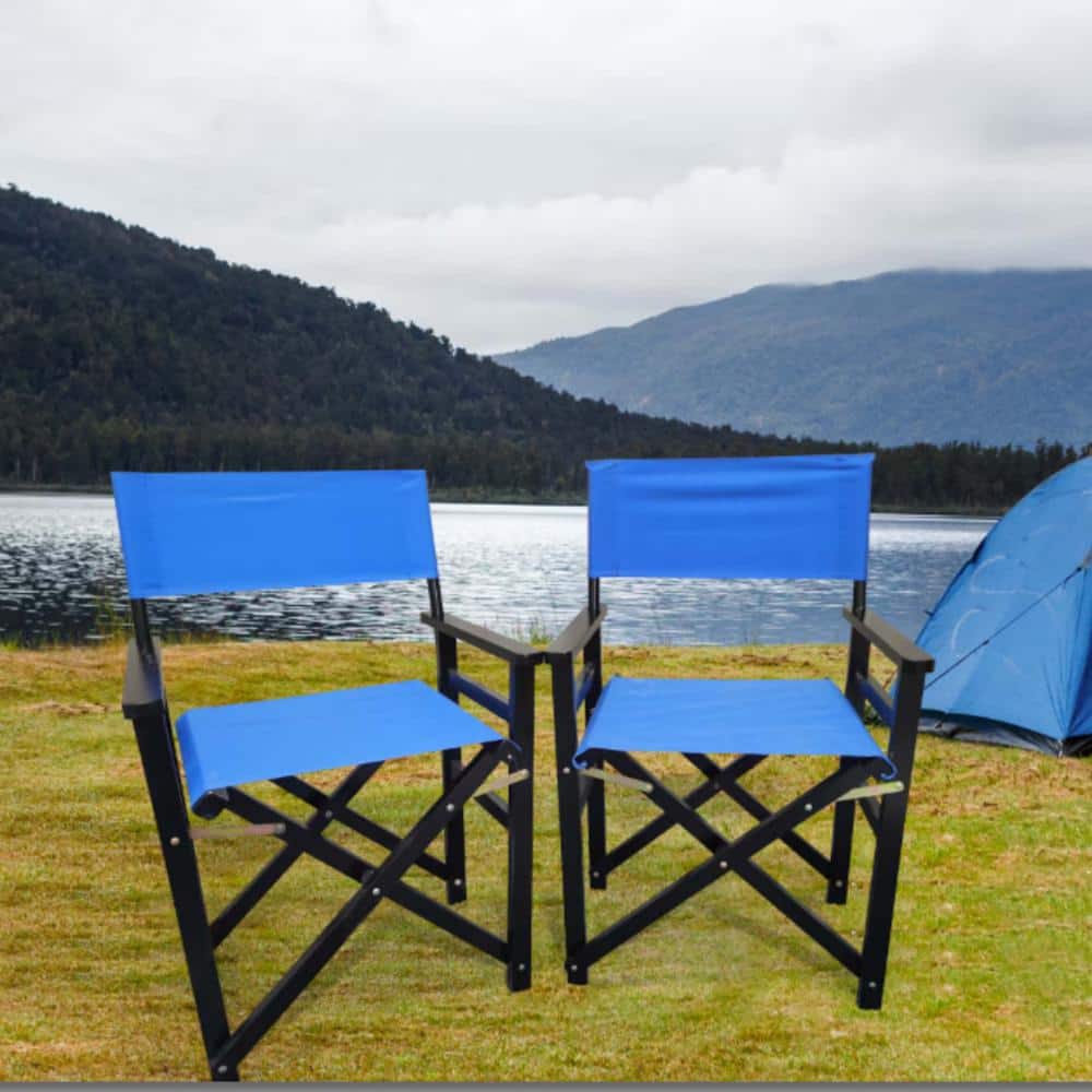 2-Pieces Blue Folding Chair Wooden Director Chair, Lawn Chair for Garden Ba