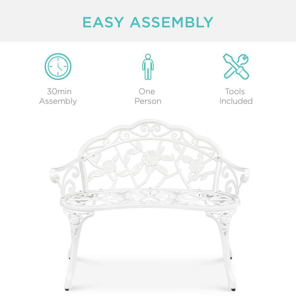 Elegant Antique-Style Rose Accented White Metal Garden Bench
