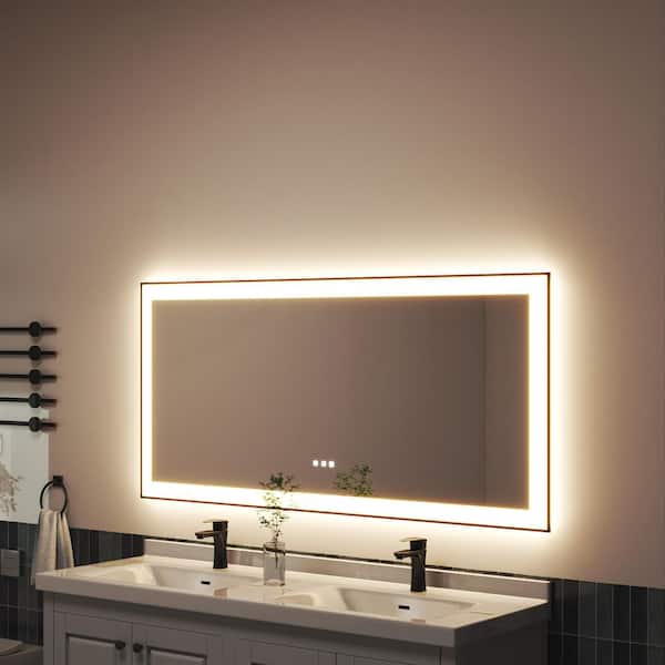 60 in. W x 28 in. H Black Rectangular Framed LED Anti-Fog Wall Bathroom Vanity Mirror with Backlit and Front Light