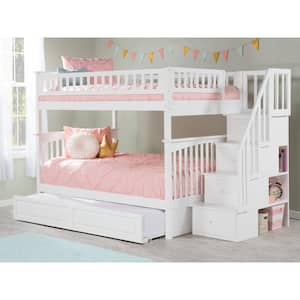 Columbia Staircase Bunk Bed Full over Full with Twin Size Raised Panel Trundle Bed in White