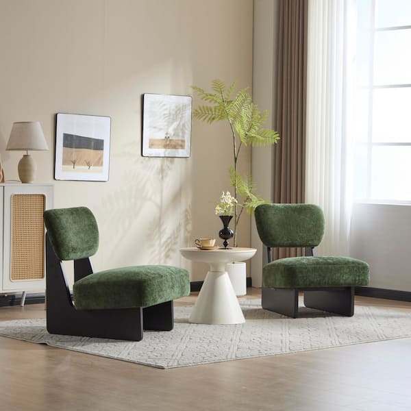 Flexiform Modern Fabric Upholstered Lounge Chair Accent Slipper Chairs, Solid Wood Base, Black Plus Green, (Set of 2)