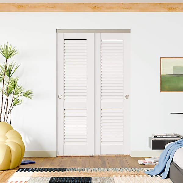 48 in. x 80 in. White, Solid Core, MDF and DIY Painted Double Louvered Panel Bypass Sliding Door with Aluminium Hardware