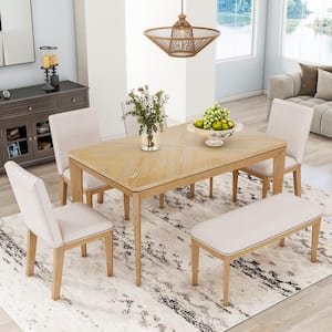 Farmhouse Style 6-Piece Natural and Beige Rectangle Wood Dining Set with Upholstered Dining Chairs and Bench