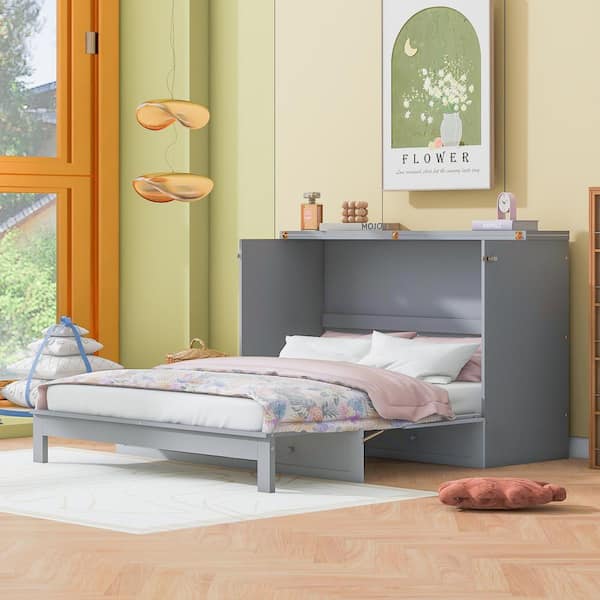 Qualler Gray Wood Frame Queen Size Murphy Bed with Drawer