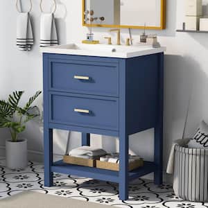 24 in. W x 18 in. D x 34.1 in. H Freestanding Bath Vanity in Blue with White Ceramic Top and Single Sink