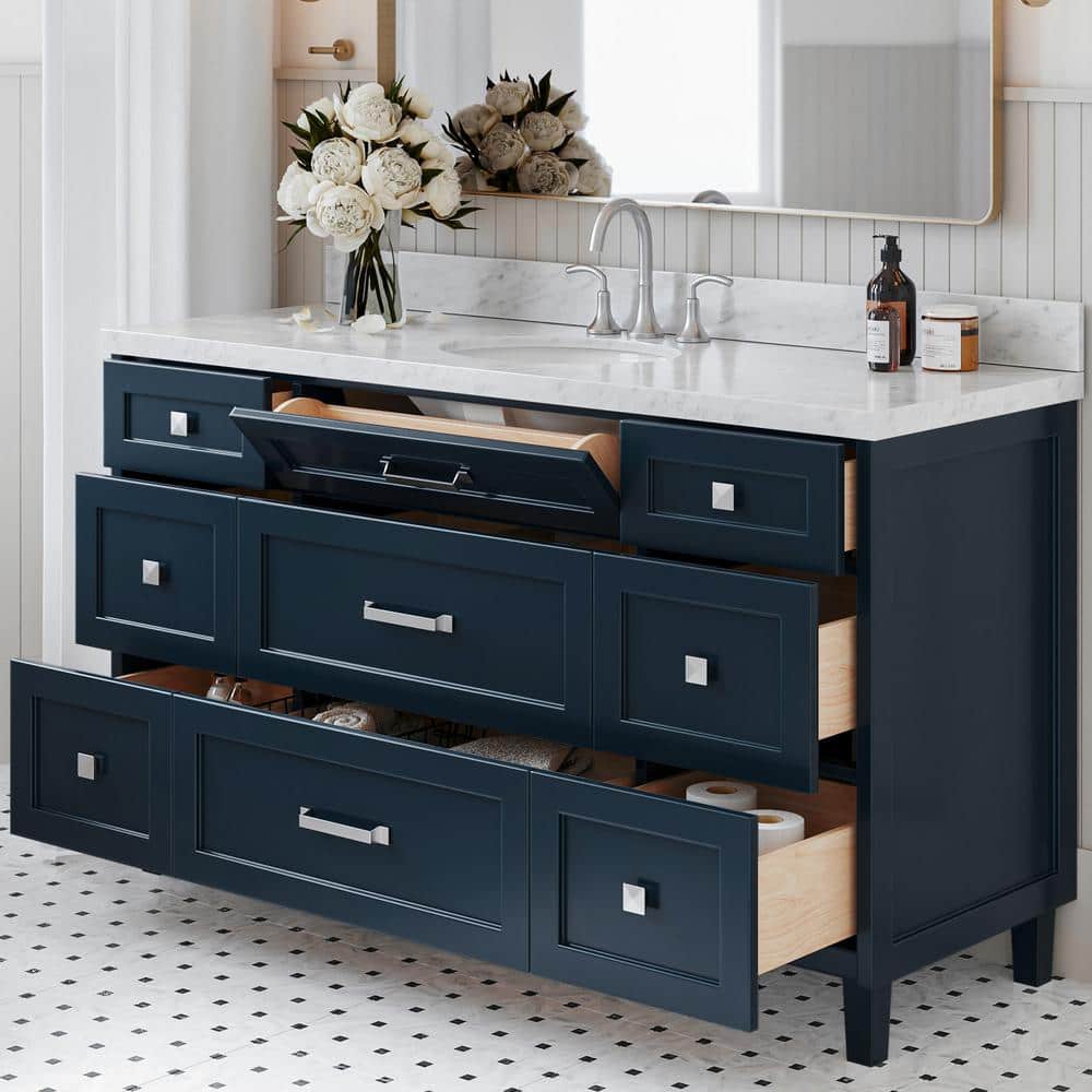 Midnight Blue 61" Freestanding Vanity with Carrara Marble Top