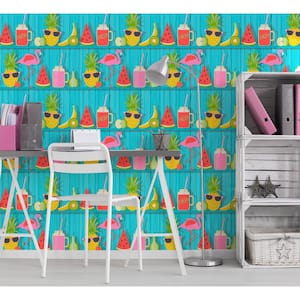 Kids Teal Tropical Shelves Wallpaper Sample