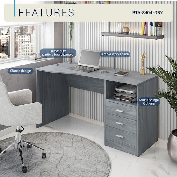 TECHNI MOBILI 52 in. Rectangular Gray 3 Drawer Computer Desk with