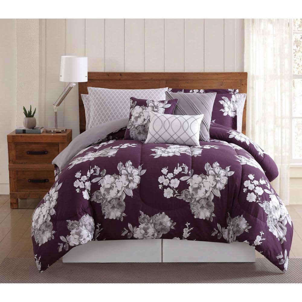 Style 212 Peony 12Piece Purple Floral Queen Comforter SetCS1608QN12