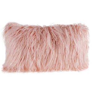 Pink 12 in. W x 20 in. L Faux Mongolian Fur Decorative Lumbar Throw Pillow