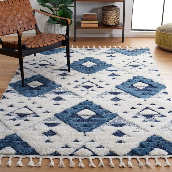 Moroccan Tassel Shag Blue/Ivory 5 ft. x 8 ft. High-Low Geometric Fringe Area Rug