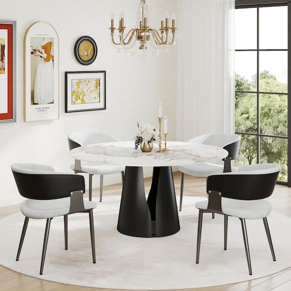 Magic Home 59.05 in. Round Sintered Stone Dining Table with Black Pedestal Metal Base (Seat 8)