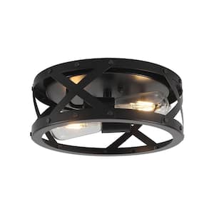 11.8 in. 2-Light Black Industrial Style Flush Mount with Metal Drum Shade No Bulbs Included