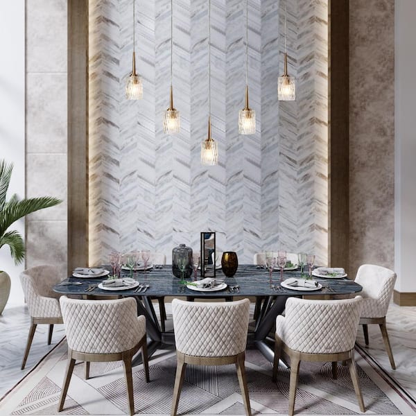 Modern 5-Light Plating Brass Island Hardwired Chandelier with Cylinder Clear Ripple Glass Shades and No Bulb Included