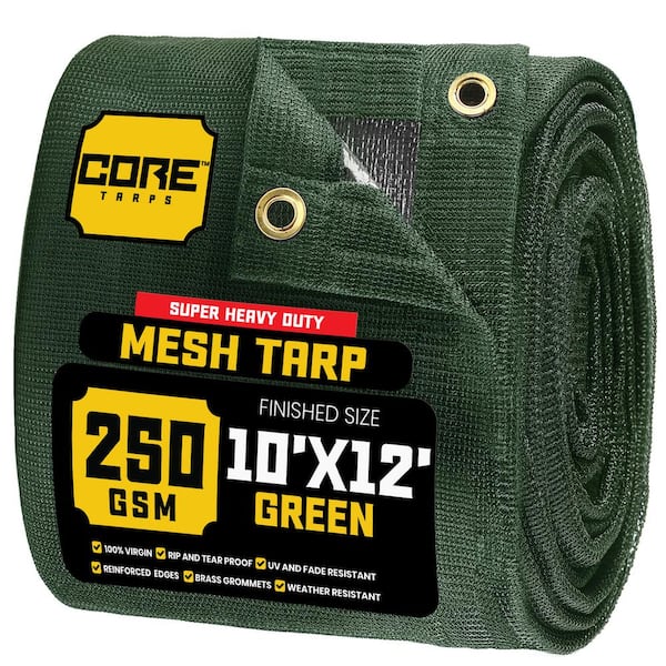 CORETARPS 10 ft. X 12 ft.  Green 250 GSM 7.5 oz. Heavy Duty Mesh Tarp, UV Resistant