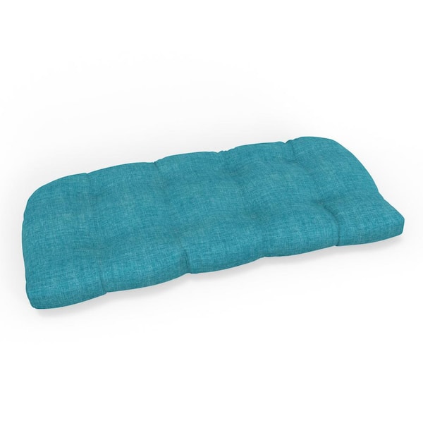 Pillow Perfect Solid Twill 44 in W x 5 in H Rectangular Outdoor Tufted Wicker Loveseat Bench Cushion 1-Count in Blue Splash Aqua