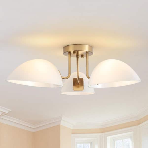 3-Light 23.63" Brass Mid-Century Sputnik Leaf Glass Semi Flush Mount Ceiling Light for Living Room Kitchen Bar