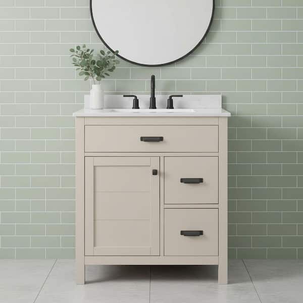 Stanhope 31 in. Single Sink Freestanding Even Better Beige Bath Vanity w/ Crystal White Engineered Stone Top (Assembled)
