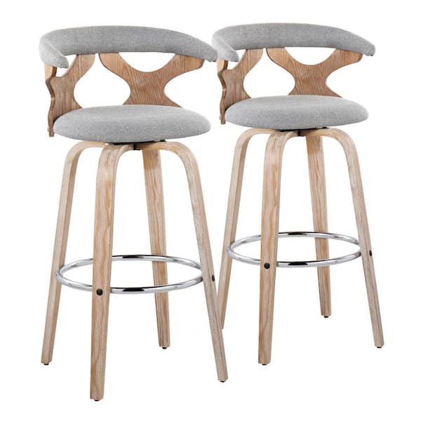 Lumisource Gardenia 29.25 in. Lt. Grey Fabric, White Washed Wood and Chrome Metal Fixed-Height Bar Stool Round Footrest (Set of 2)