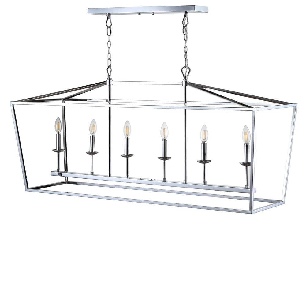 Pagoda-Inspired Chrome 49" Linear LED Pendant with 6 Candle Bulbs
