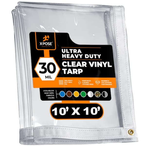 10 ft. W x 10 ft. L Clear Vinyl Tarp Super Heavy Duty 30 Mil Transparent Waterproof PVC Tarpaulin with Brass Grommets