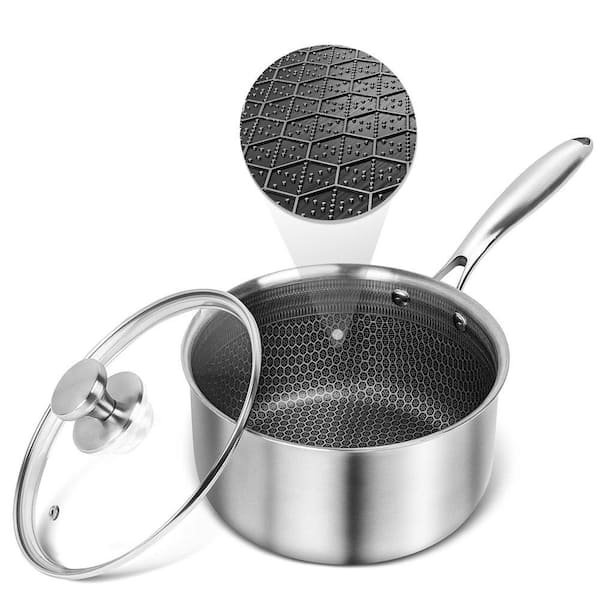 Hybrid Nonstick 2 Quart Stainless Steel Saucepan with Glass Lid, Induction Sauce Pan with Honeycomb Carving, Non-stick