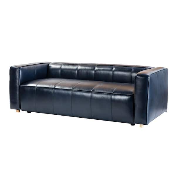 JAYDEN CREATION Emilio Comfy 80 in. Navy Square Arm Genuine Leather Rectangle Sofa with Wooden Base