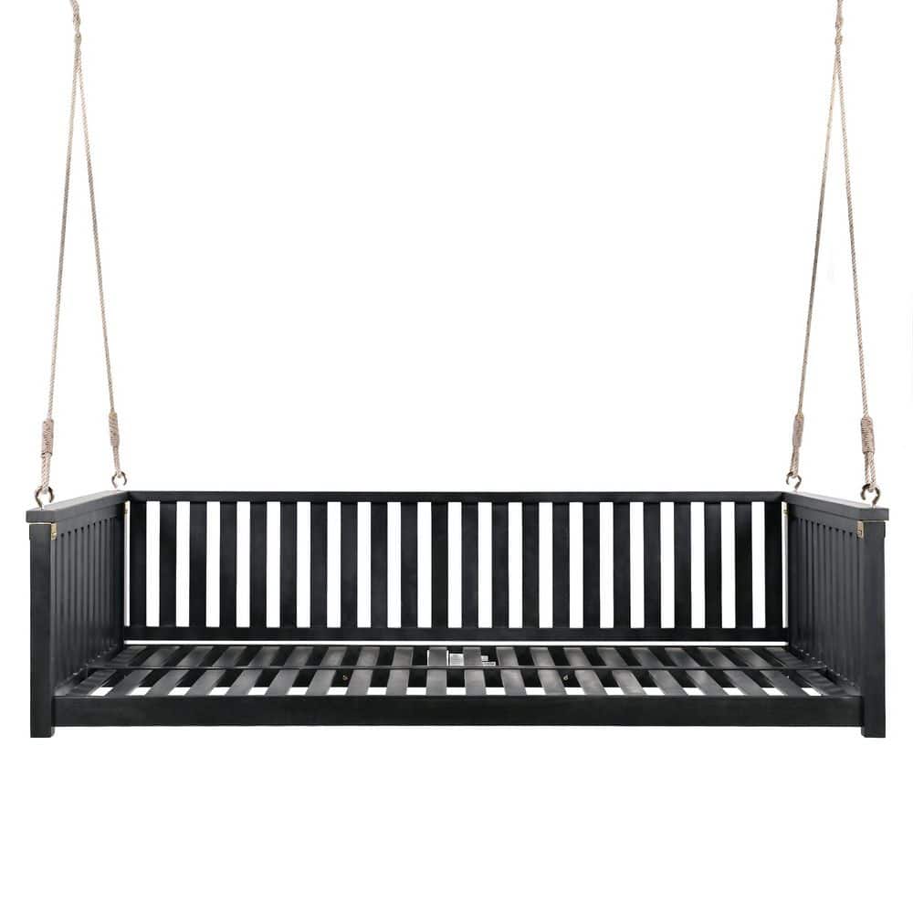 2-Person Black Wood Porch Swing with Ropes