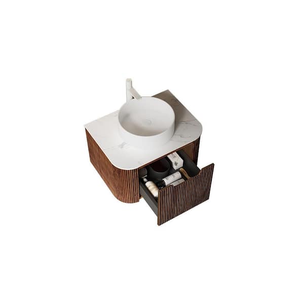 Baye 24 in. Floating Dark Walnut Bath Vanity with White Ceramic Sink and Artificial Marble Top Unassembled