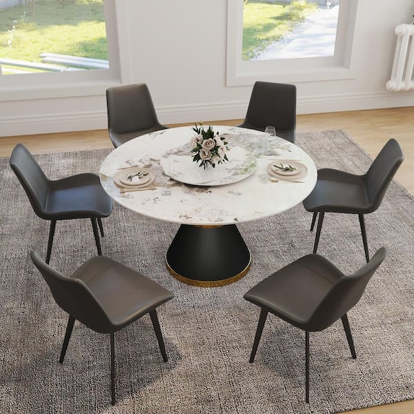 59 in. Pandora Circular Rotable Sintered Stone Tabletop with Lazy Susan Pedestal Base Kitchen Dining Table (Seats 8)