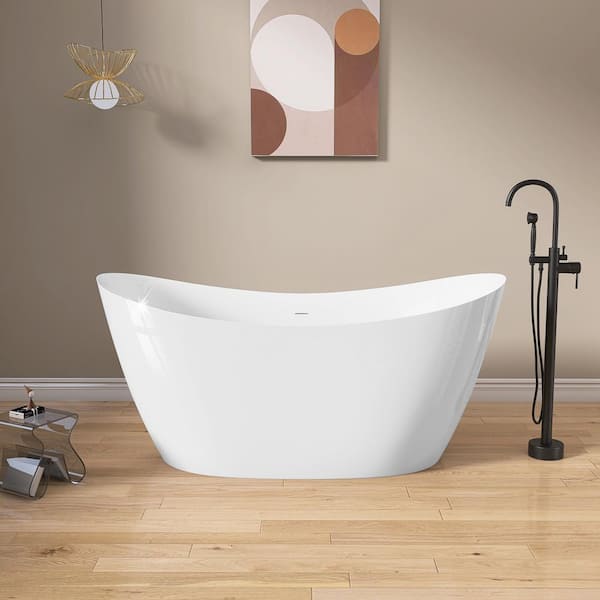 63 in. x 31.5 in. Free Standing Deep Soaking Double Slipper Alone Bath Tub Oval Acrylic Freestanding Bathtub in White