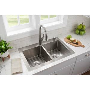 All-in-One Tight Radius Stainless Steel 33 in. 18-Gauge 2-Hole Double Bowl Dual Mount Kitchen Sink with Pull Down Faucet