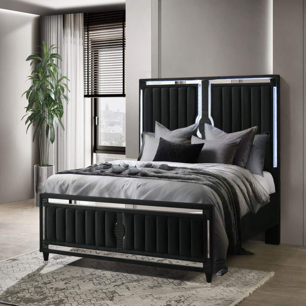 Ravenne Velvet Upholstered Eastern King LED Panel Bed Black price history on PriceWatchPro